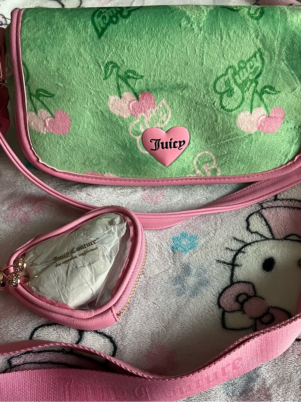 Juicy Couture Green Plush Crossbody with Pink Trim & Heart crossbody